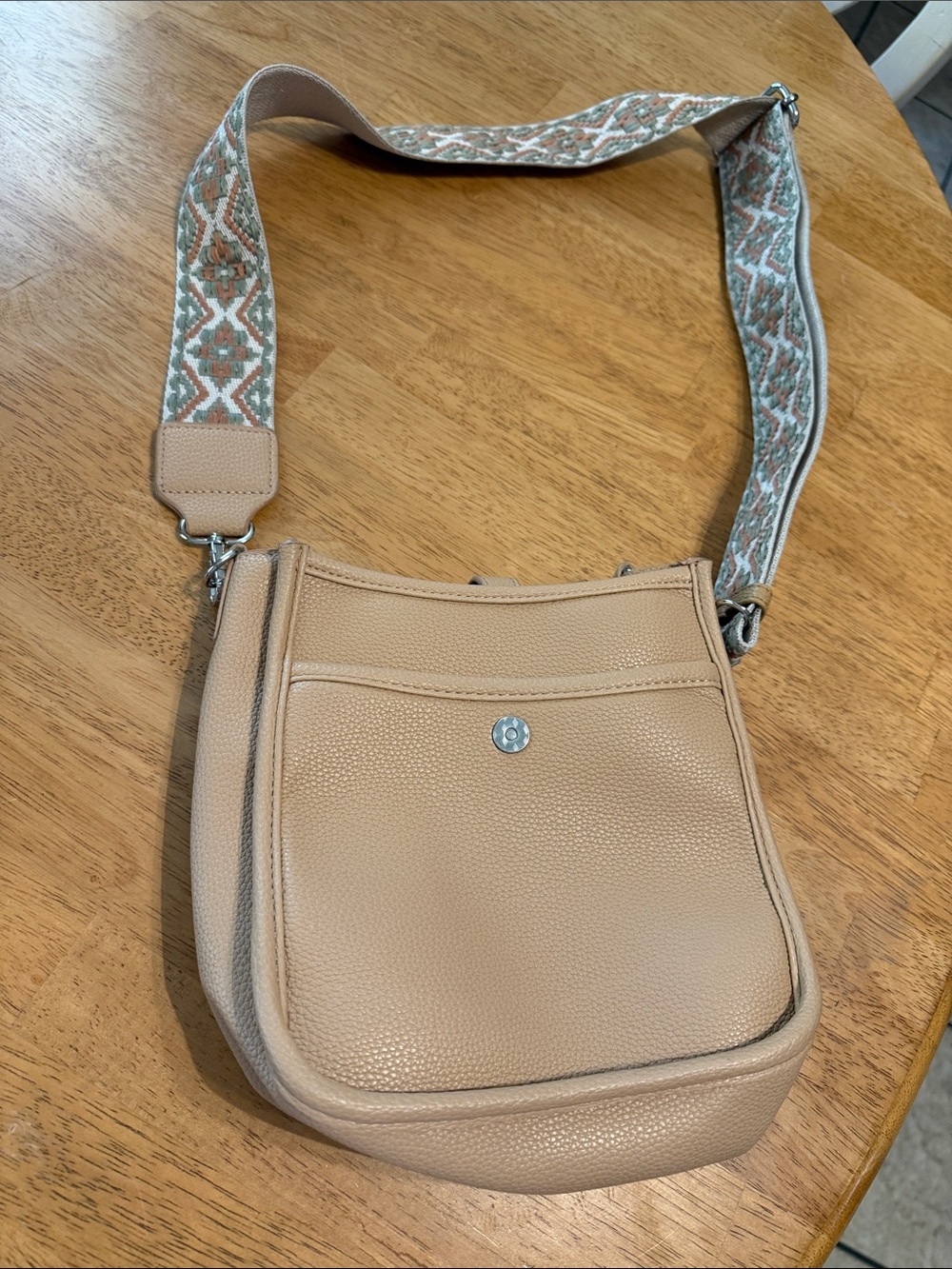 Pebbled Beige Crossbody with Patterned Adjustable Strap